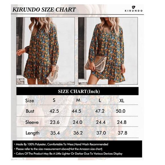 Kirundo Dress Floral Print Long Sleeve Tie Neck Ruffle Boho Swing Mini Large - Picture 11 of 12